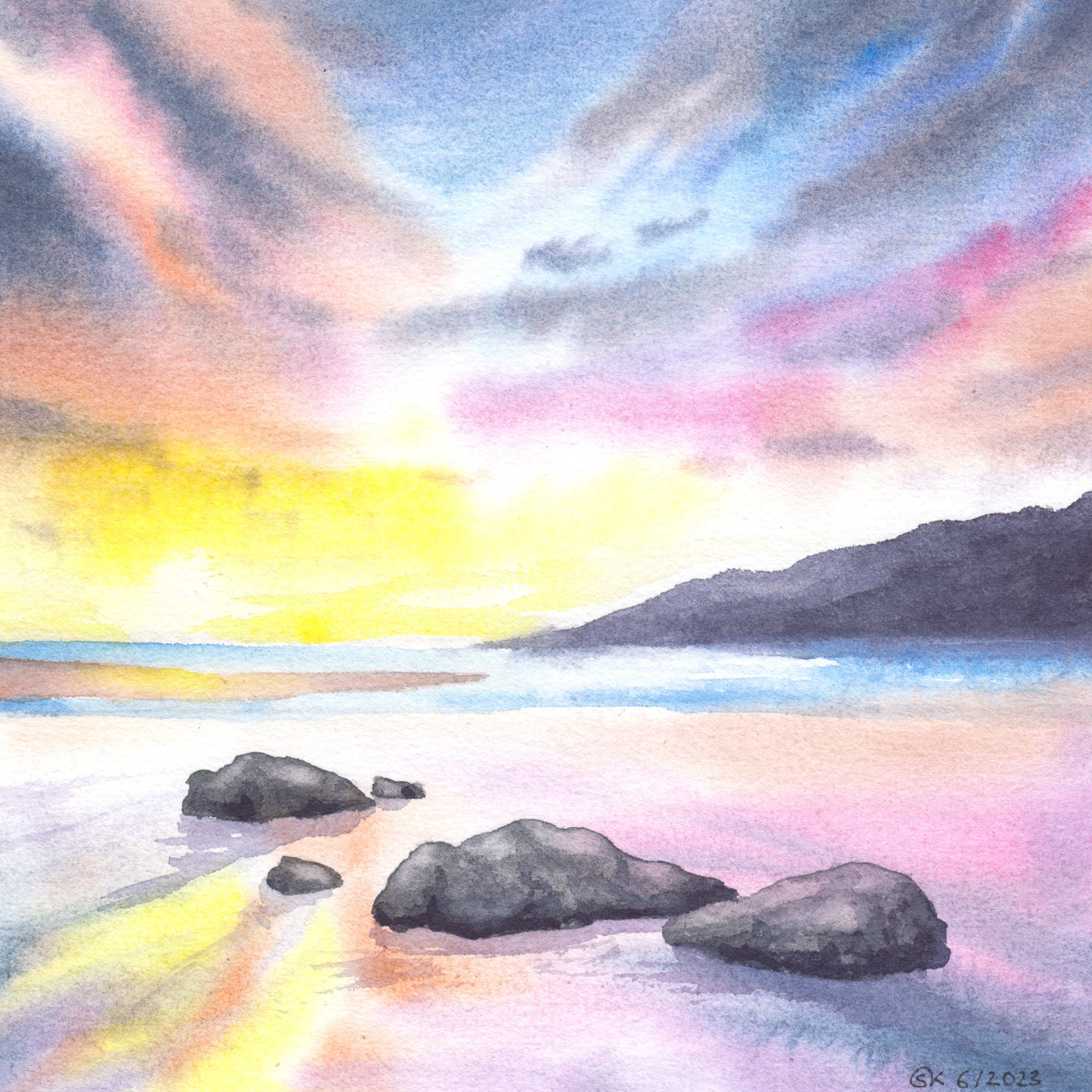 Aquarellbild "Bunter Himmel am Meer": extrem farbenfroher leuchtender Himmel am Meer, der sich im Wasser spiegelt, Felsen am Strand