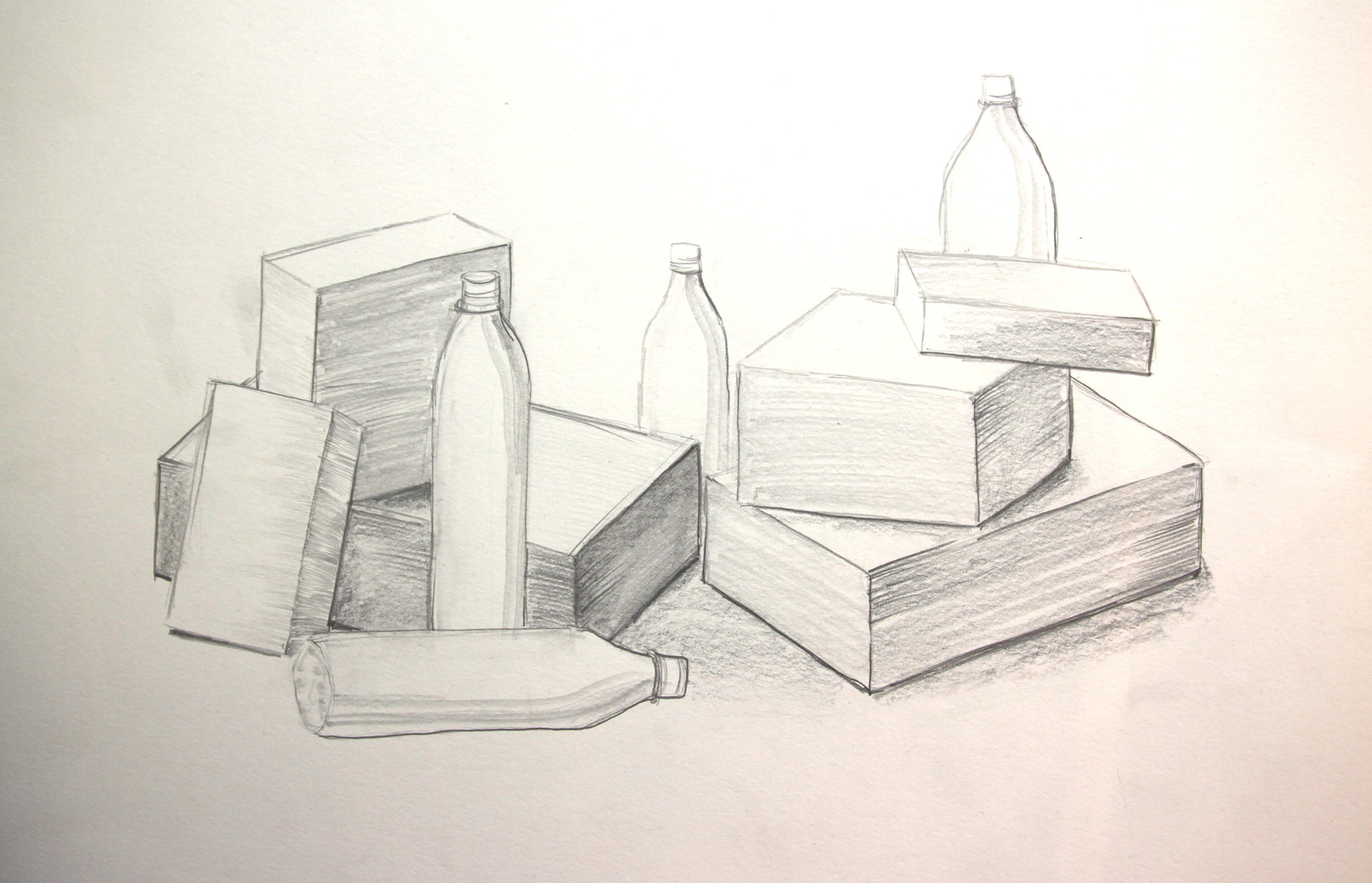 Arrangement mit Kartons und Flaschen (Zeichenpapier, 30x40cm)