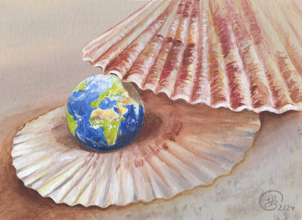 Acrylbild "Erdperle": Erde in einer Muschelschale