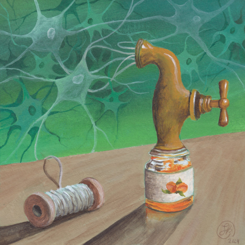 Acrylbild "Marmelade im Kopf": Marmeladeglas mut Wasserhahn, aus dem Gehirnzellen quellen, die auf Garnrollen aufgewickelt werden