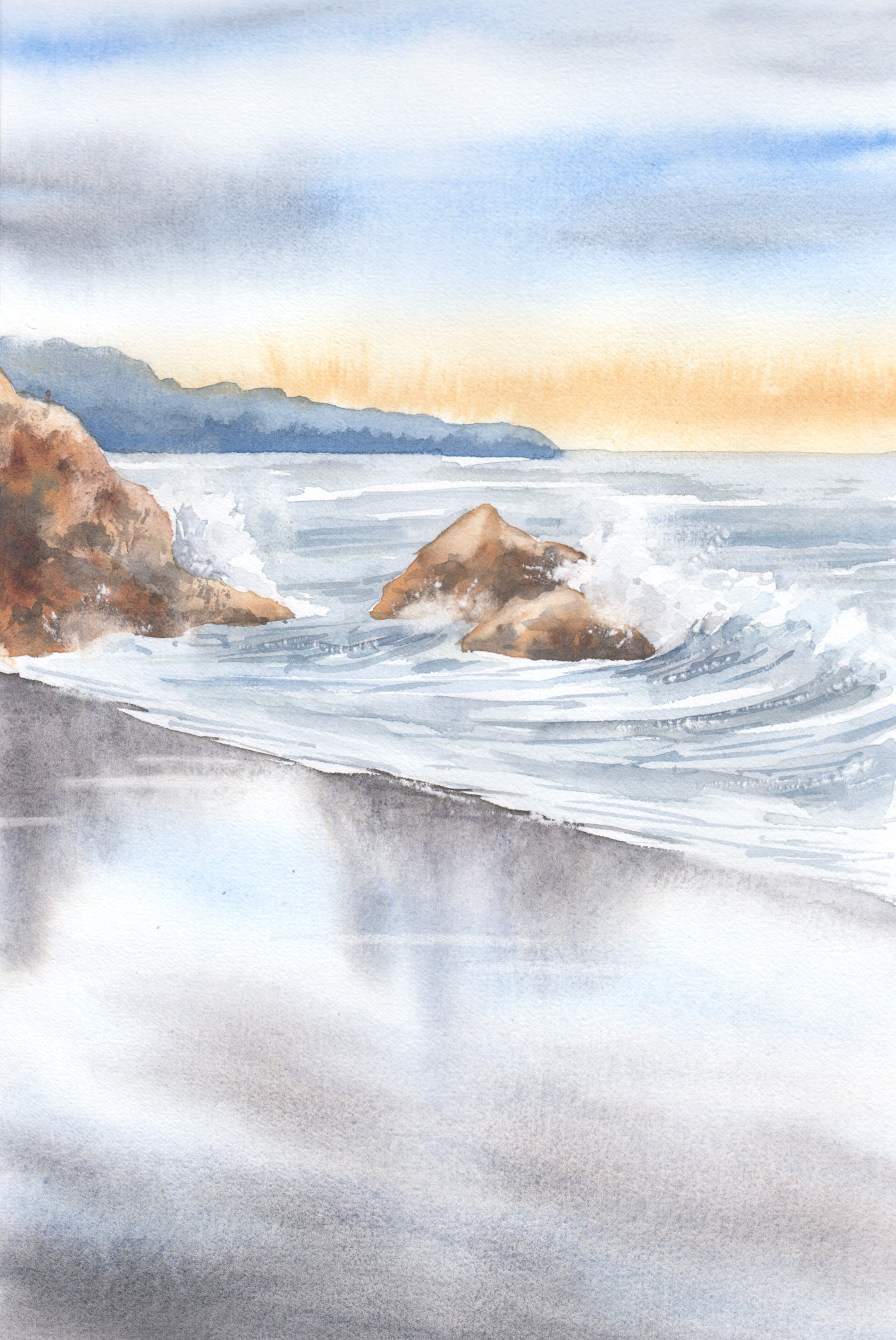 Aquarellbild "Meeresgischt": große Welle trifft auf den Strand und bricht an im Wasser liegenden Felsen