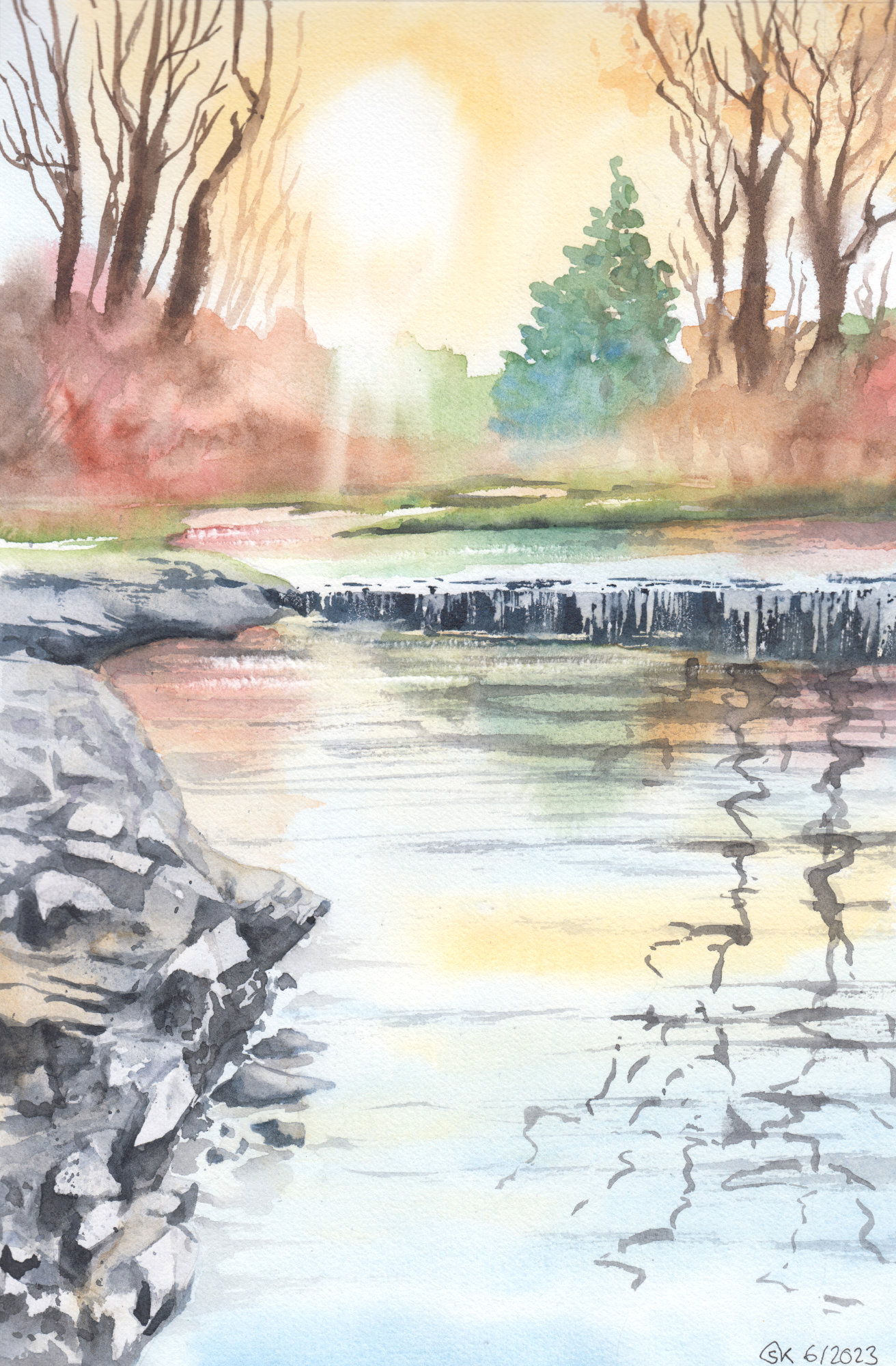 Aquarellbild "Herbstlicher Wasserfall": kleiner Wasserfall in herbstlicher Umgebung, ruhiges Wasser mit Felsen, in dem sich Bäume spiegeln