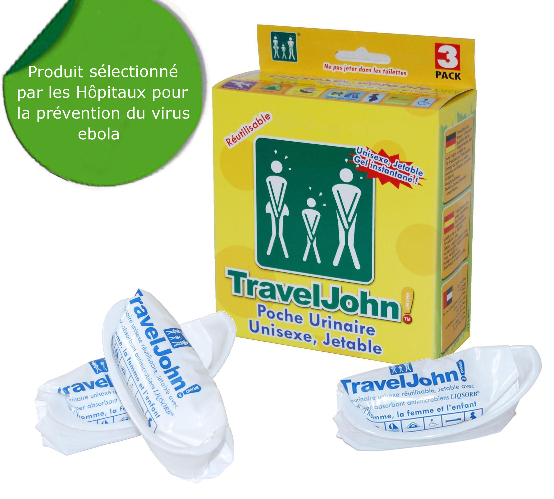 urinoir jetable, TRAVELJOHN, urinaux jetables, sac à urine, urinoir