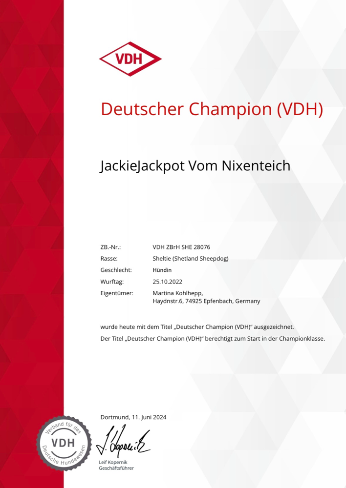 Mit nur 1 Jahr und 7 Monaten bekommt meine kleine JackieJackpot schon den Titel Deutscher Champion VDH zuerkannt!