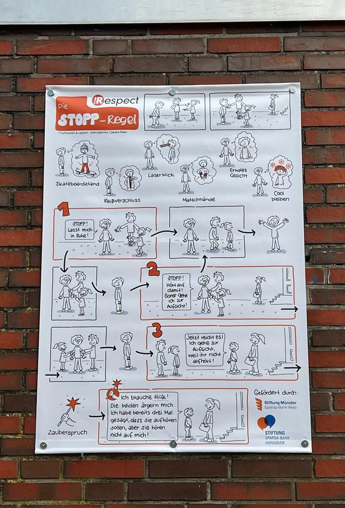 !Respect-Stopp-Regel-Plakat auf PVC-Plane im Format DIN A0 im Schulhofbereich der Grundschule Lange Straße in Ganderkesee (Foto: !Respect)