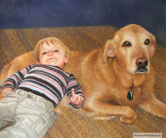 Peinture-enfant-chien-portrait-huile