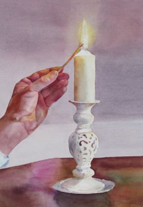 Lasst euer Licht leuchten. Aquarell von Gabriele Koenigs (2023). Im Passepartout für Bilderrahmengröße 45 cm x 60 cm. Als Original erhältlich