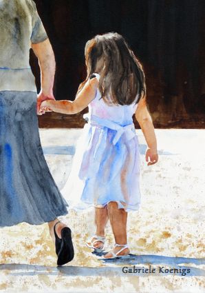 Kirchgang. Aquarell von Gabriele Koenigs (2016). Im Passepartout für Bilderrahmengröße 45 x 60 cm.Als Original erhältlich
