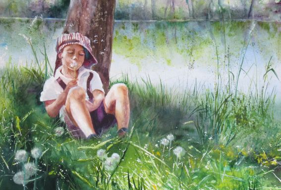 Hannes im Glück. Aquarell von Gabriele Koenigs (2025). Im Passepartout für Bilderrahmengröße 70 cm x 50 cm. Als Original erhältlich