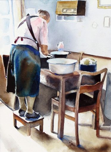 Kochen mit Liebe. Aquarell von Gabriele Koenigs (2018). Privatbesitz. Als Kunstkarte erhältlich