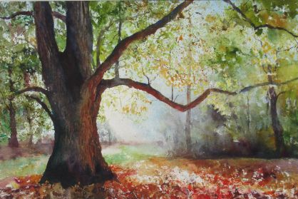 Herbst: Sei mir willkommen! Aquarell von Gabriele Koenigs (2025). Im Passepartout für Bilderrahmengröße 65 cm x 50 cm. Als Original erhältlich