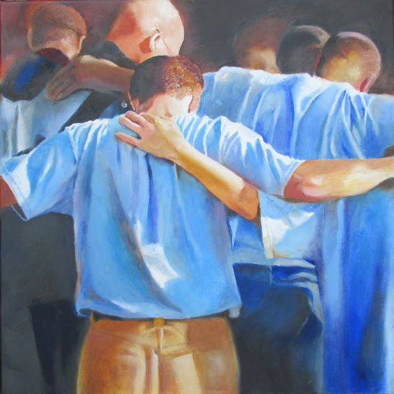 Einander den Rücken stärken. Ölgemälde von Gabriele Koenigs (2025). Nach einem Foto von James Pauls. 60 cm x 60 cm. Als Original und als Kunstkarte erhältlich