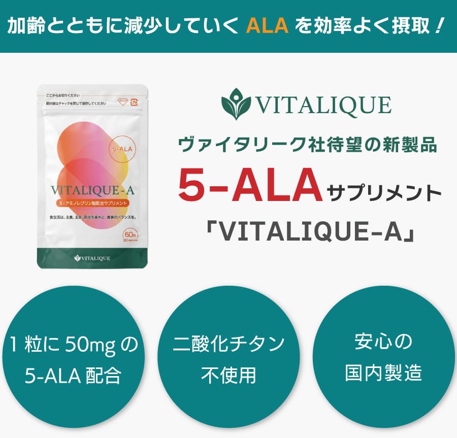 普段の食生活で自力で必要量をとるには大変な5-ALAは、サプリメントで手軽にとっていただくことがオススメです。ヴァイタリーク社のサプリメント「VITALIQUE-A」なら1粒に5-ALAが50mgの高配合。60粒入りです。二酸化チタン不使用のカプセルで、安心の国内勢像です。