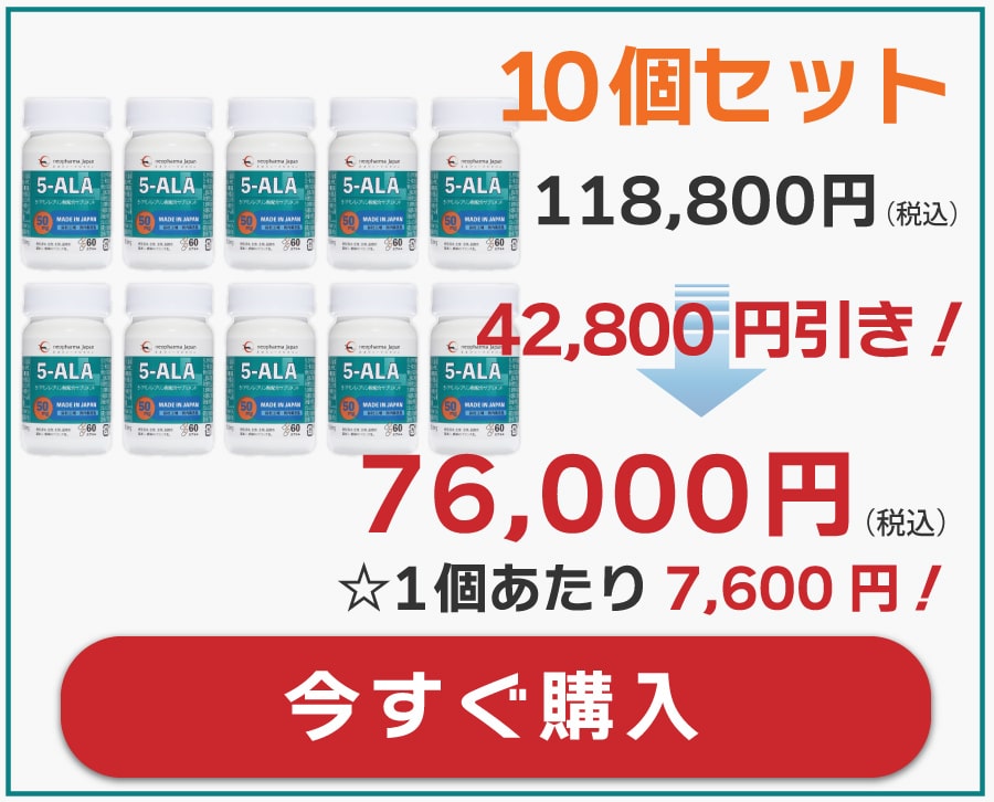 ネオファーマジャパンの5ALAサプリメントのお得な10個セットです。ご購入はこちらから。10セットなら1個当たりのお値段がかなりお安く。まとめ買いにオススメです。サプリメント5ALA50mgは普段の食生活では摂取しづらい5ALAをサプリで効率よく摂取できます。体内の5ALAは年齢ににより減少します。健康維持と活力のサポートには5ALAは欠かせません。