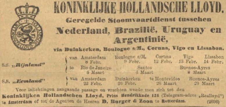 Deze advertentie, weliswaar uit 1908, laat zien dat de rederij voer op de steden die Cees van Meerkerk bezocht. Het traject Amsterdam - Buenos Aires duurde toen minstens een maand.