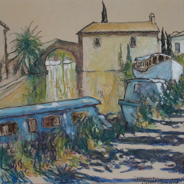 234- Le Somail, chemin de hallage, Technique mixte (fusain, pastel, huile), sur bois médium, format 43 cm x 43 cm, prix : 320 €