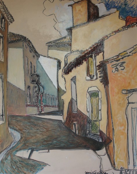 238- Villespassans, la rue de la Victoire, Technique mixte (fusain, pastel, huile), sur bois médium, format 73 cm x 92 cm, prix : 1100 €