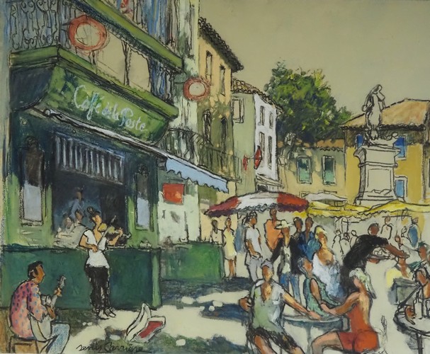 14-Olonzac, café de la poste musiciens, technique mixte (fusain, pastel, huile) sur bois médium, format 60 cm x 73 cm, prix : 850 €