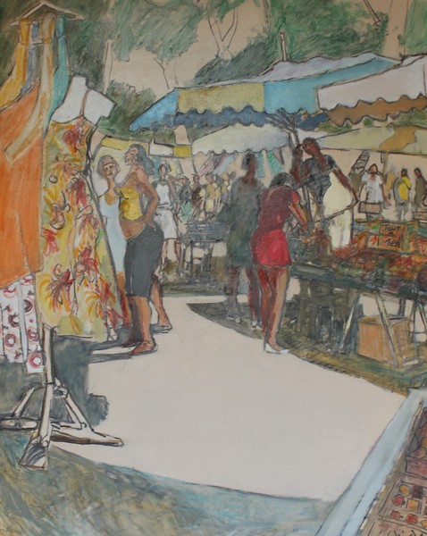 47- Narbonne, marché des Barques, Technique mixte (fusain, pastel, huile), sur bois médium; format 73 cm x 92 cm, prix : 1100 €