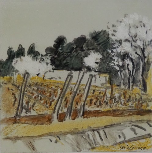 206-Vignes et amandiers,  technique mixte (fusain, pastel, huile) sur bois médium, format 25 cm x 25 cm, prix : 220 €