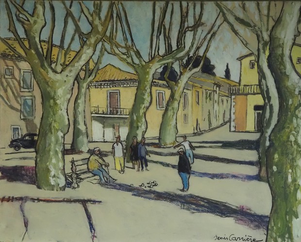 38-Saint Chinian, pétanque, technique mixte (fusain, pastel, huile) sur bois médium, format 65 cm x 81 cm, prix : 950 €