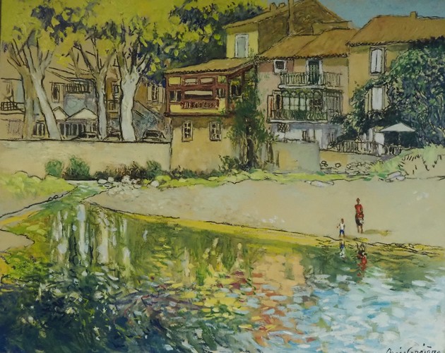25-Bize Minervois, la rivière, technique mixte (fusain, pastel, huile) sur bois médium, format 65 cm x 81 cm, prix : 950 €