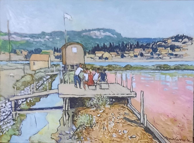 67-Gruissan, les salins,  technique mixte (fusain, pastel, huile) sur bois médium, format 57 cm x 42 cm, prix : 450 €
