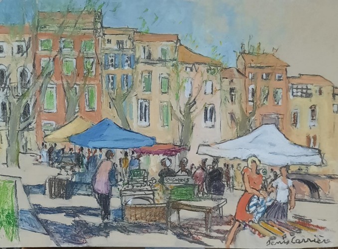 217-Narbonne, marché du jeudi, Technique mixte (fusain, pastel, huile) sur bois médium, format 33 cm x 46 cm, prix : 320 €