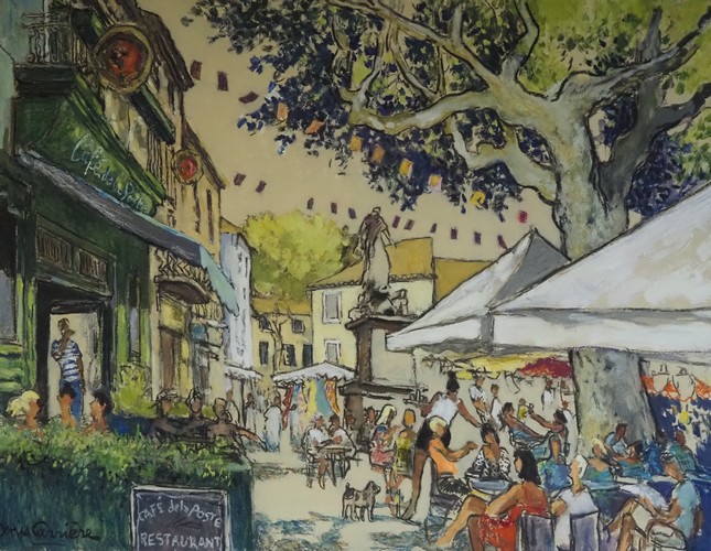 49-olonzac, café de la poste terrasse, technique mixte (fusain, pastel, huile) sur bois médium, format 73 cm x 92 cm, prix : 1100 €
