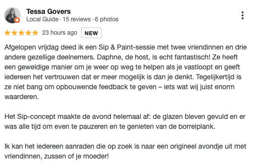 Google-review van een tevreden deelnemer over de Sip & Paint-workshop van Daphne Schrijver, met lof voor de begeleiding, sfeer en het borrelmoment.