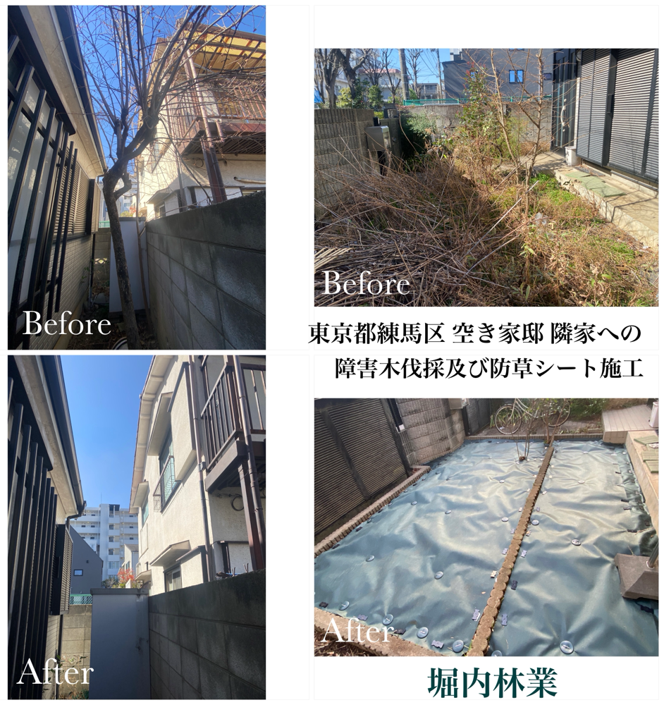 東京都練馬区 空き家邸  隣家への障害木伐採及び防草シート施工