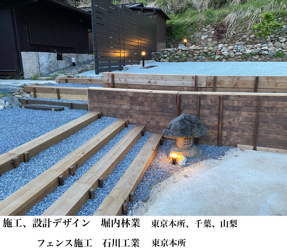 山梨県富士河口湖町西湖 海外の方々に大変人気ある古民家ホテルです。宿泊施設 宿泊者限定の新たなバーベキュースペースの造園工事及び外構工事例です。