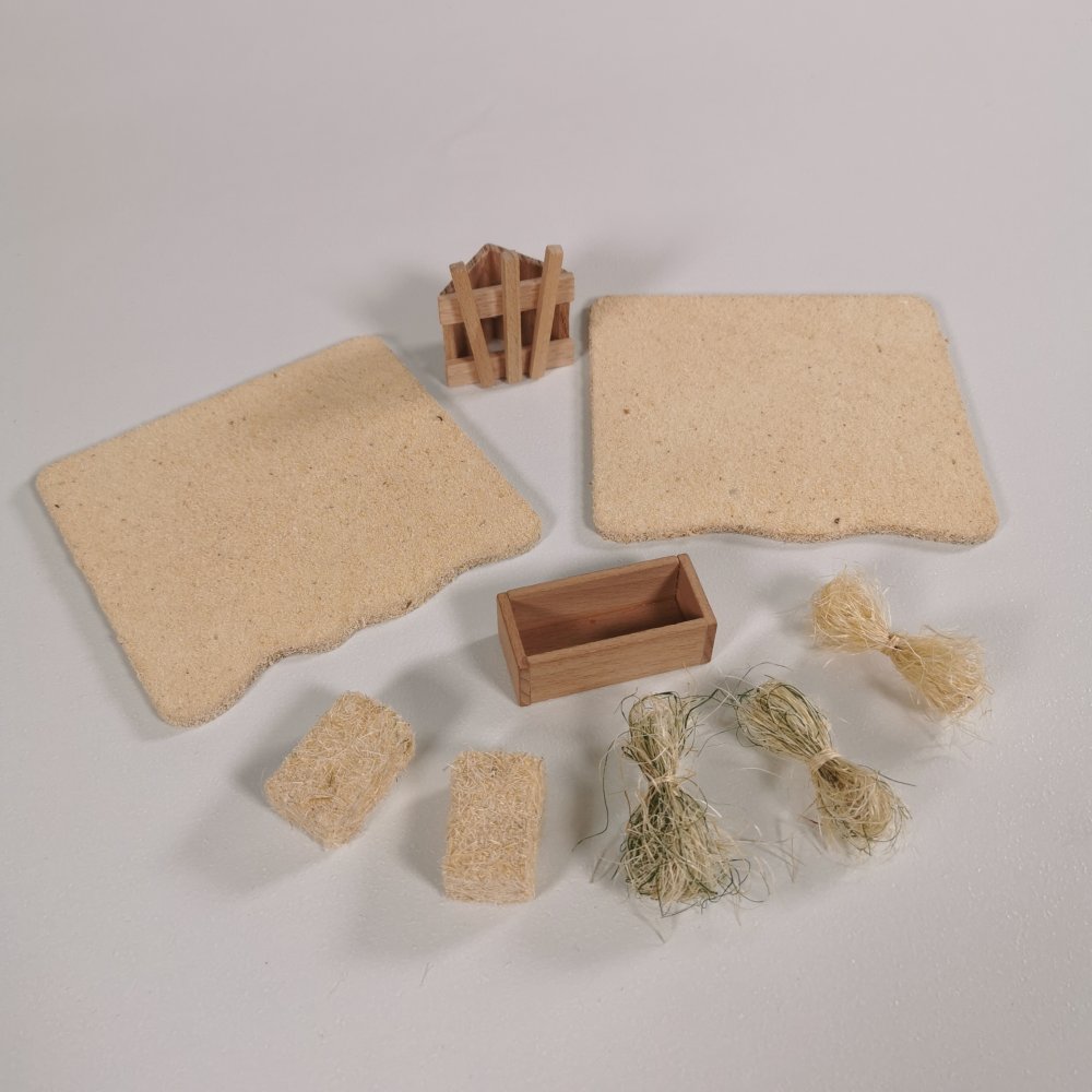 Pferdestall Zubehör aus Holz - Einstreu, Strohballen, Futtertrog, Heubündel – passend für Schleich® Pferde