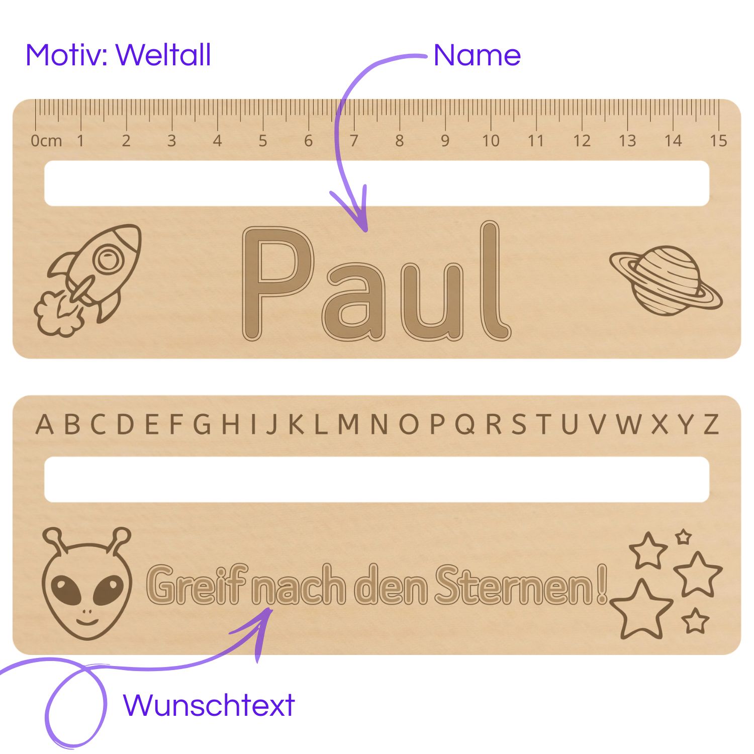 Personalisiertes Lese-Lern-Lineal aus Holz mit Weltraum-Motiv, Rakete, Planeten und Namensgravur Paul