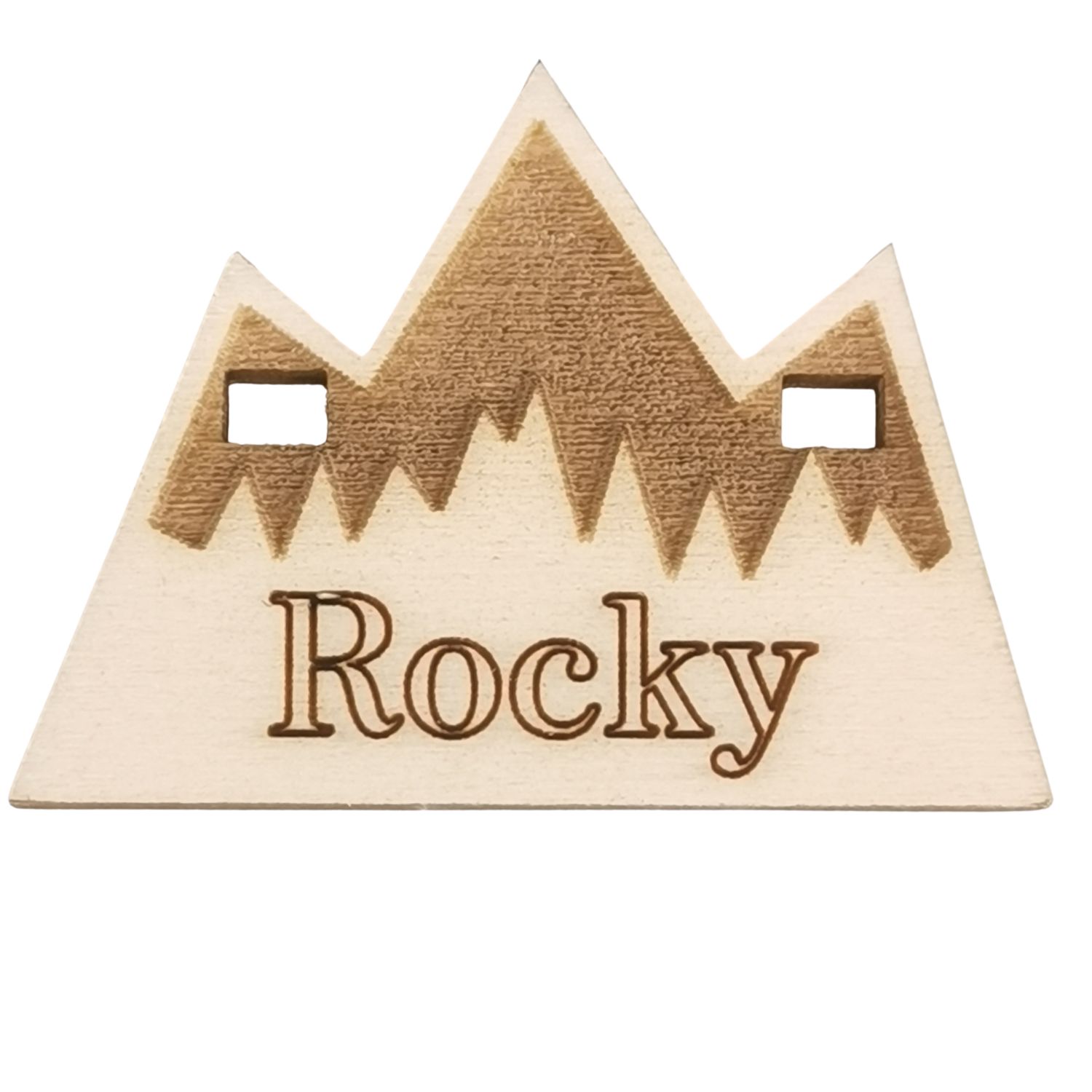 Namensschild für die Pferdebox in der Form Berg - individuelle Lasergravur aus der Holzmanufaktur.