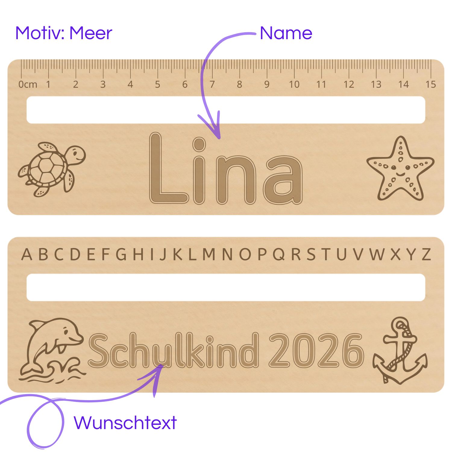 Personalisiertes Leselineal aus Naturholz mit Meer-Motiv, Schildkröte, Delfin und dem Schriftzug Schulkind 2026