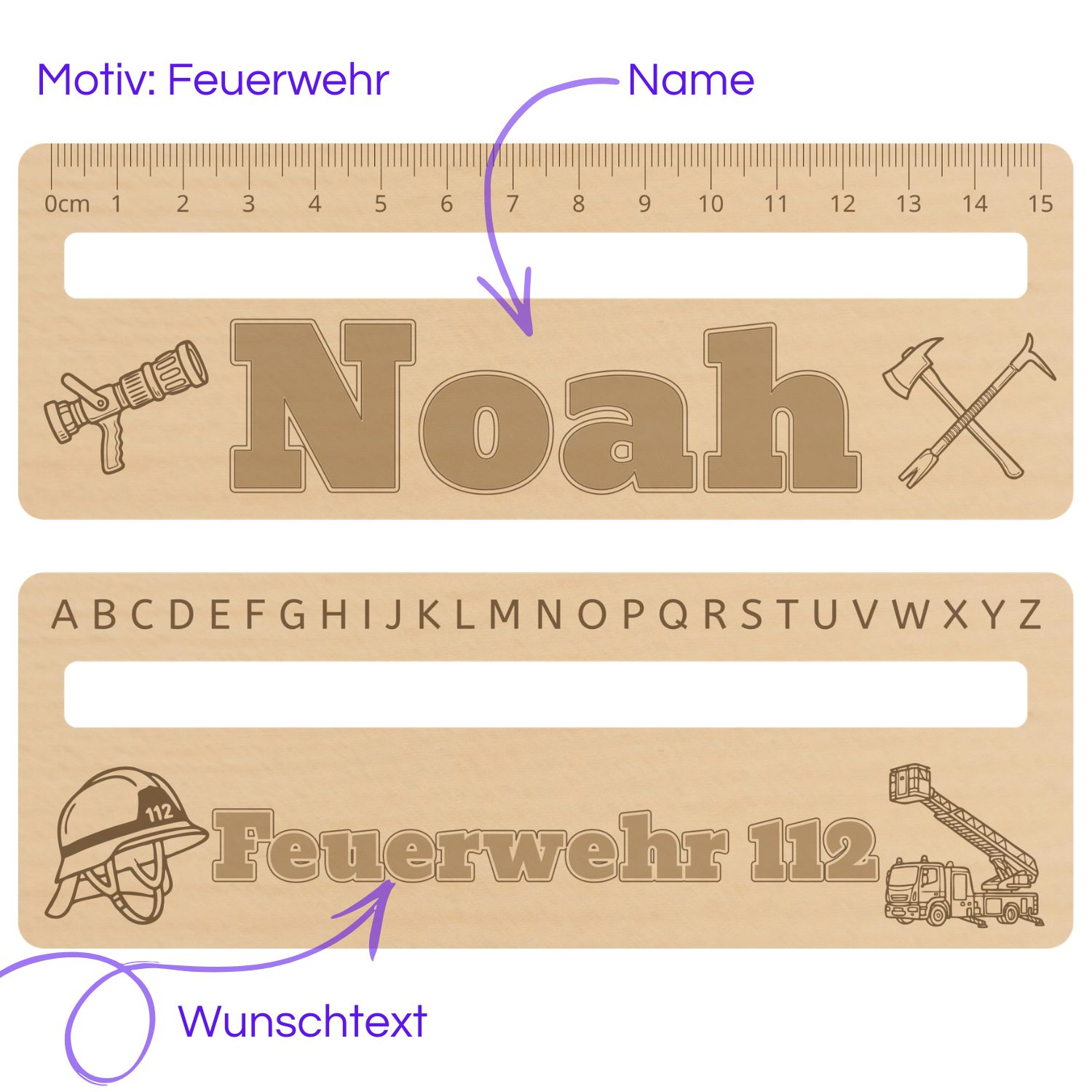 Holz-Leselineal für Jungen und Mädchen mit Feuerwehr-Motiv, Name Noah, Feuerwehrbeil und Drehleiter-Gravur