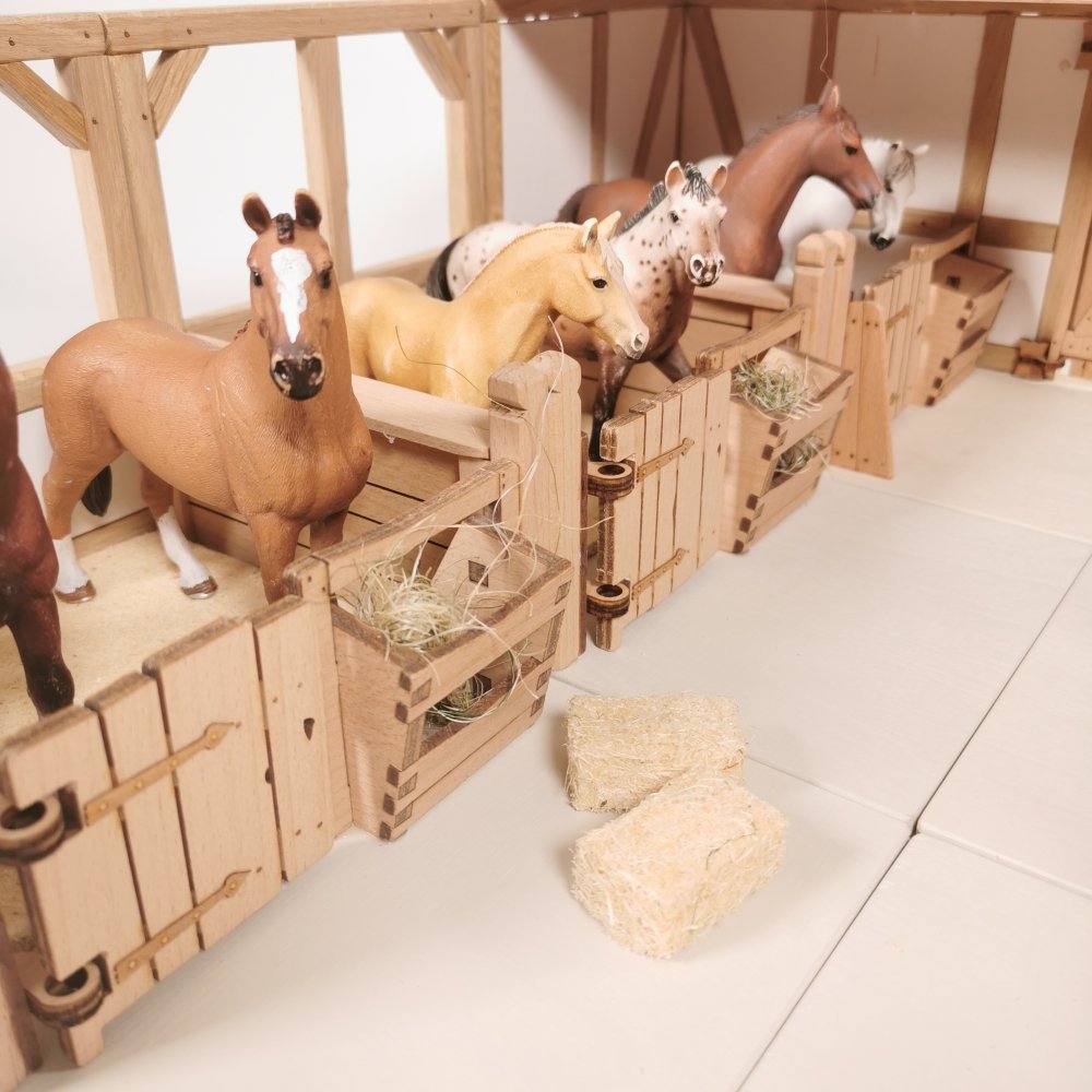 Stallanlage mit mehreren angebauten Pferdeboxen in schräger Ansicht