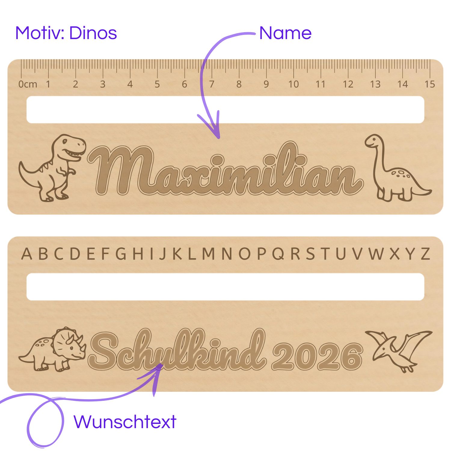 Personalisiertes Lese-Lineal aus Holz mit Dinosaurier-Motiv, Namen Maximilian und eingraviertem Alphabet von A bis Z