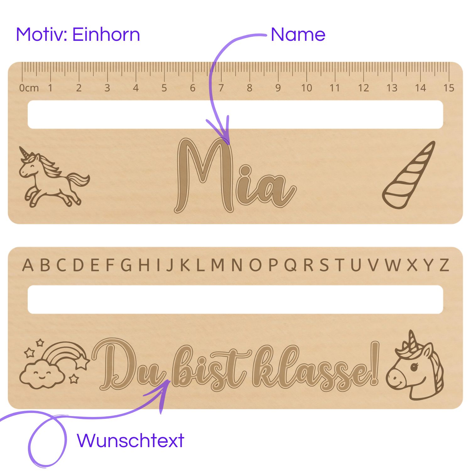 Lesehilfe aus Holz für den Schulanfang mit Einhorn-Motiv, integrierter 15-Zentimeter-Skala und Namensgravur Mia