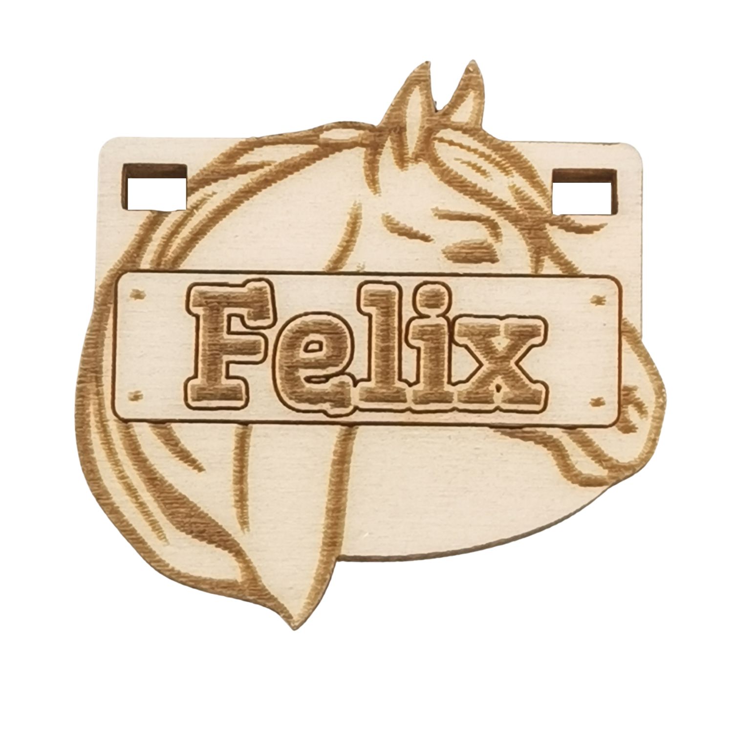 Holzschild in Pferdekopfform - gelasertes Namensschild für die Pferdebox.