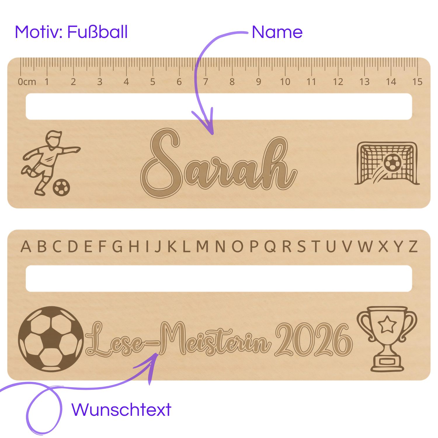Personalisierbares Lese-Lern-Lineal aus Holz mit Fußball-Motiv, Spielernamen Sarah und Wunschtext-Option