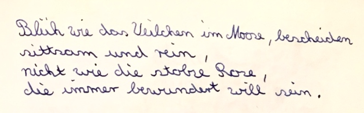 Poesiealbum-Spruch: Blüh wie das Veilchen im Moose, bescheiden sitzsam und rein, nicht für die stolze Rose, die immer bewundert will sein.