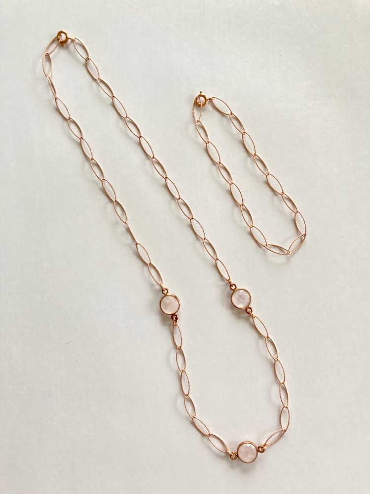 Kette und Armband 925/- Sterling Silber rosé vergoldet mit rosa Quarz