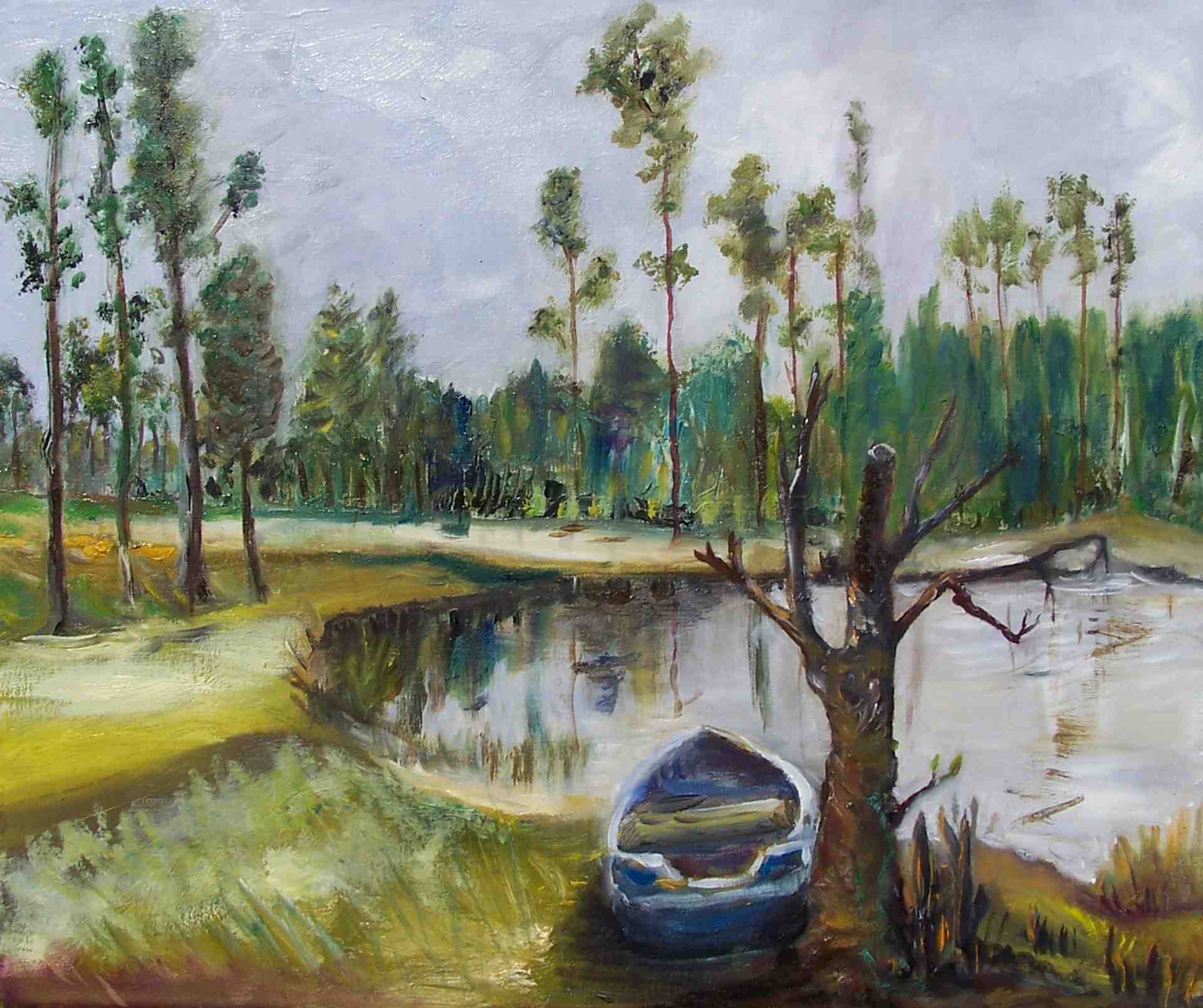 Barque au bord de l'étang (huile sur toile ) 38 x 46 cm