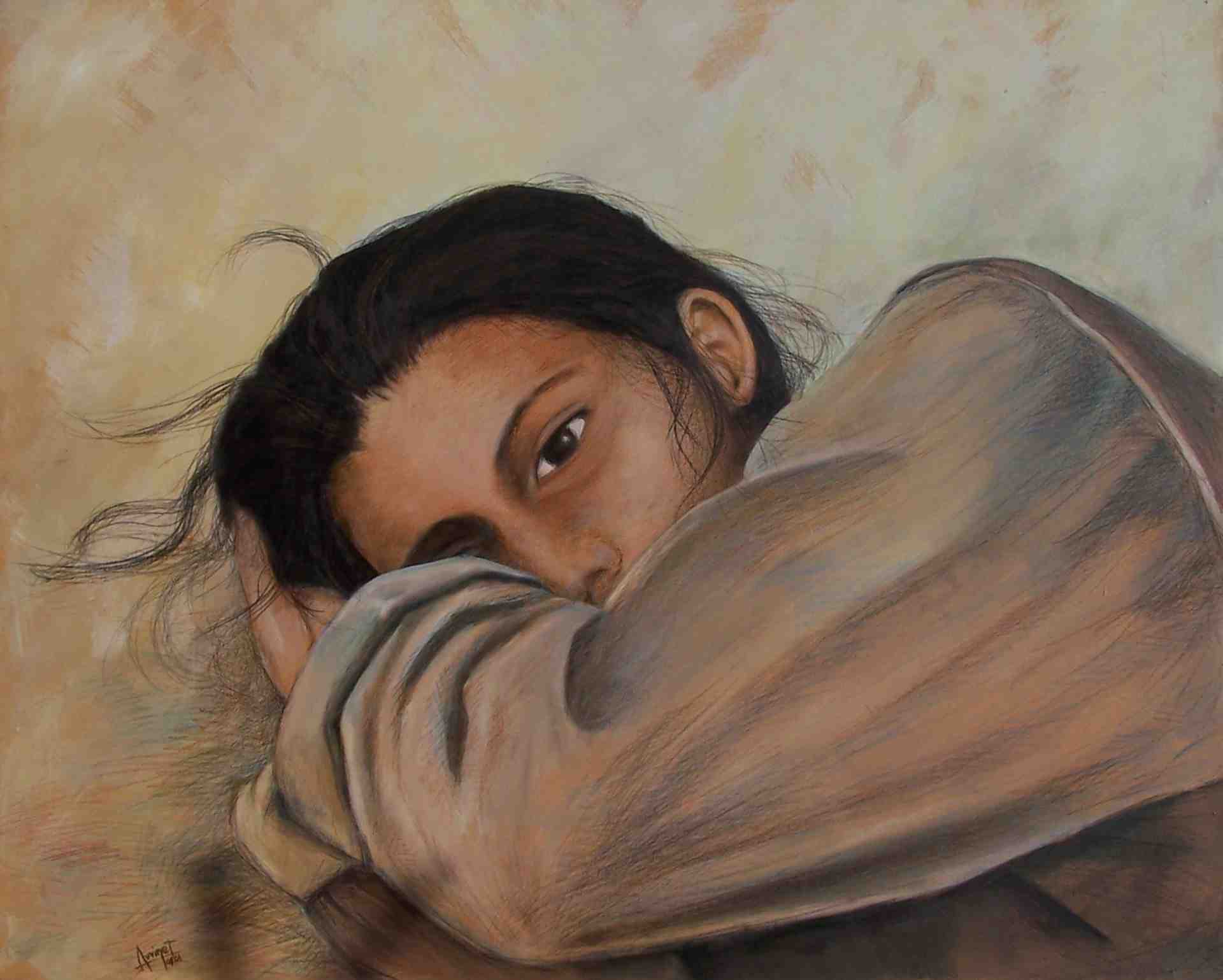 Jeune fille couchée  (acrylique et crayon sur bois) 67 x 80 cm