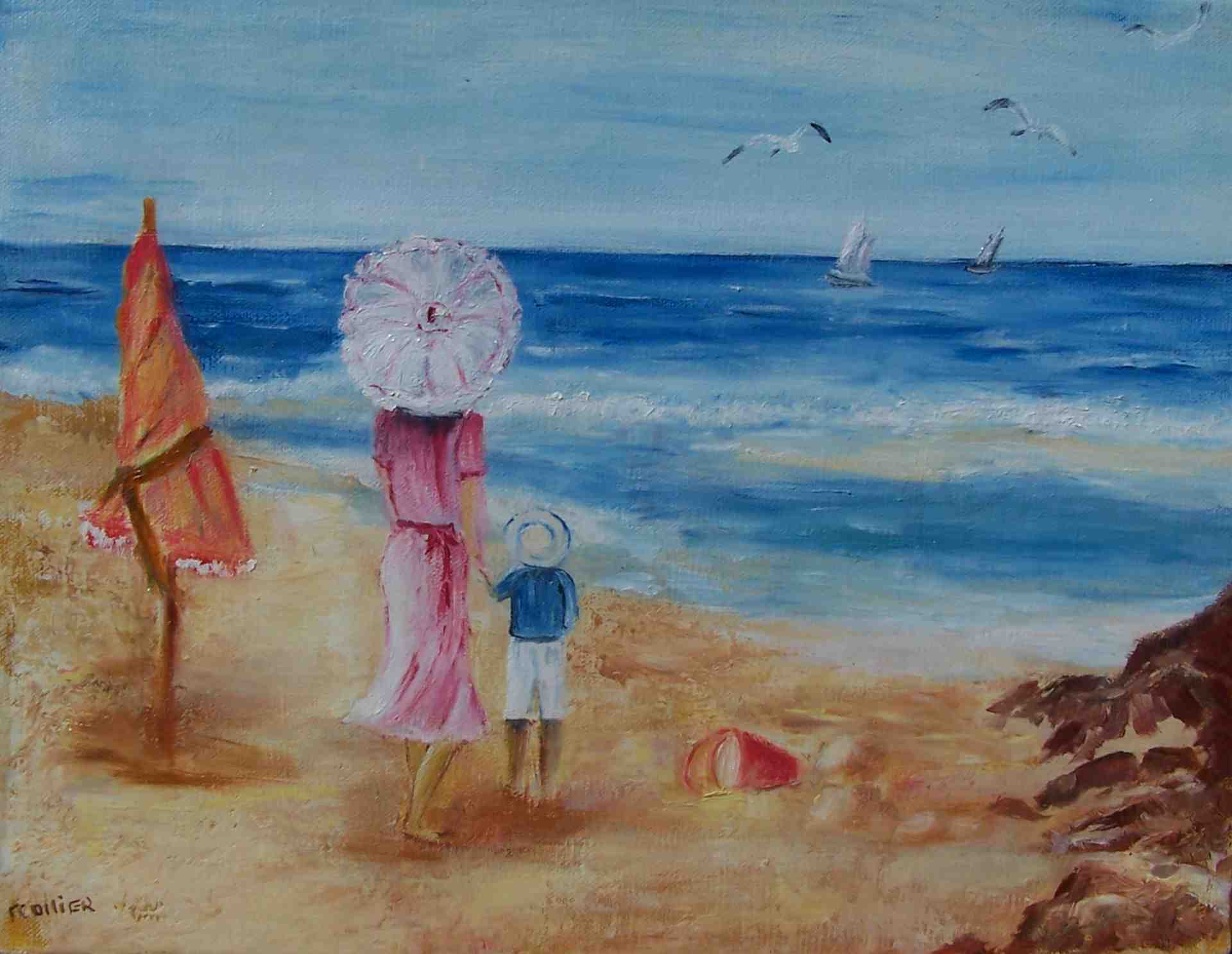 Mère et enfant à la plage (huile sur toile) 27 x 35 cm
