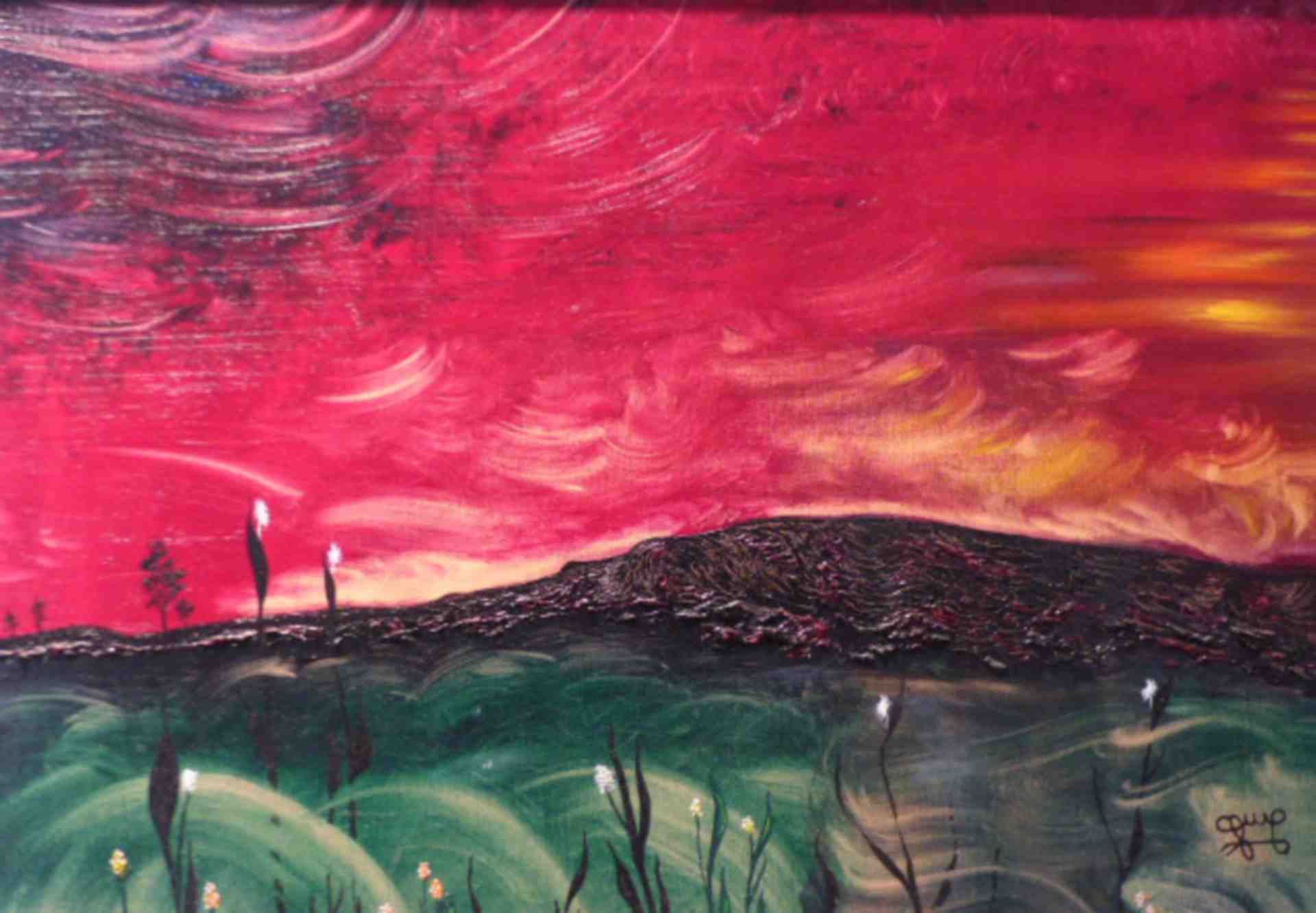 Ciel rouge sur marais ( peinture à l'huile sur toile)  55 x 38,5 cm