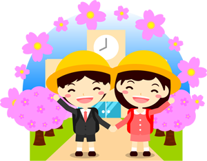 校舎前で手を振る男の子と女の子（イラスト）