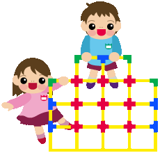ジャングルジムで遊ぶ男の子と女の子 絵素材